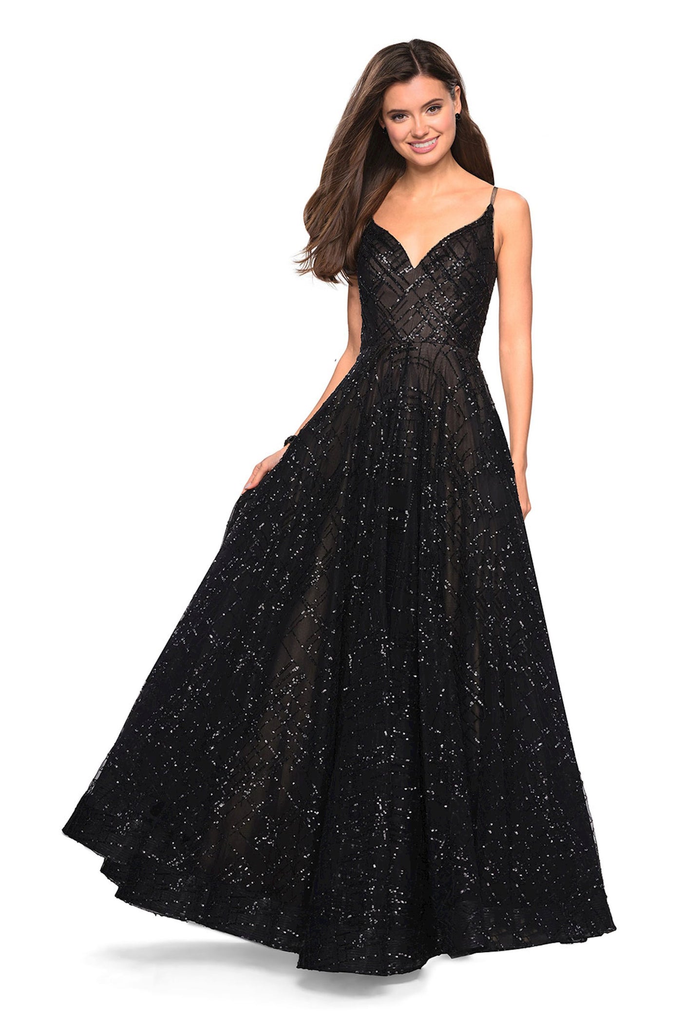 La Femme - Sparkling Sequin Sleeveless A-Line Dress 27199 In Black