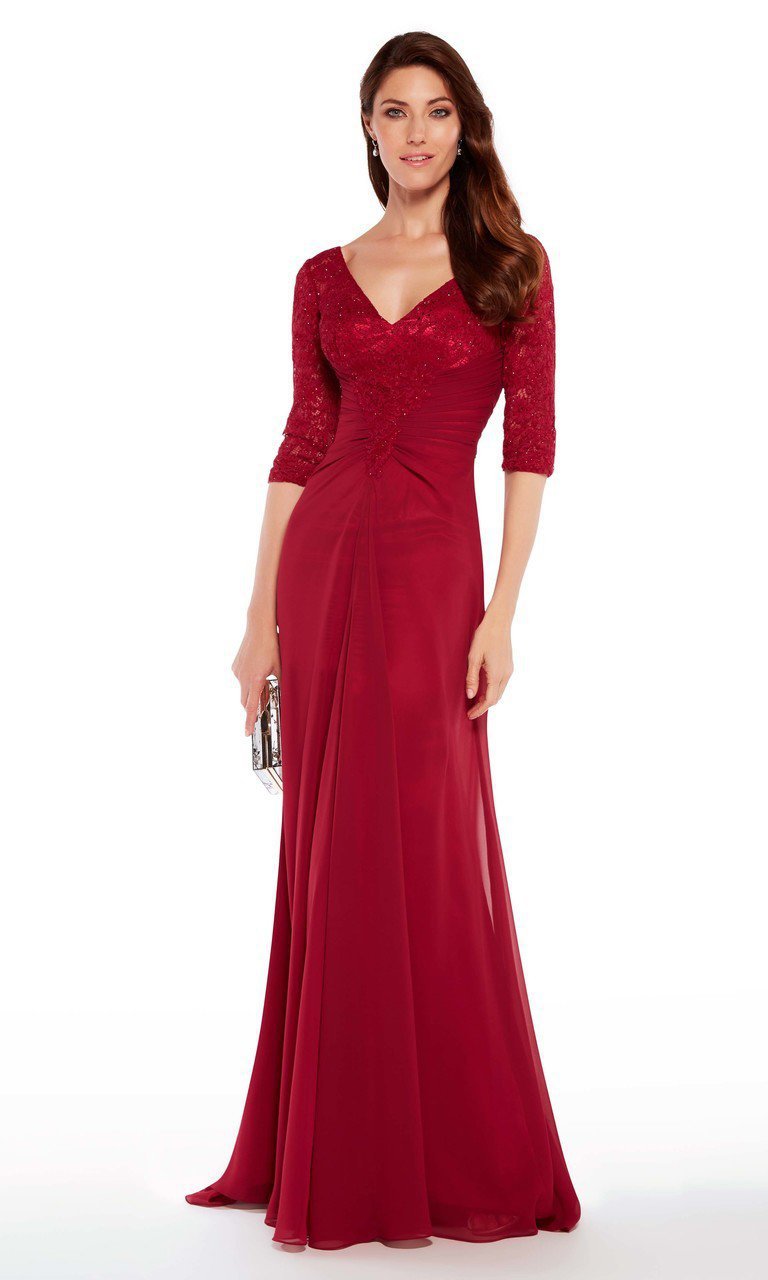 Alyce Paris - 27234 V-Neck Sparkly Beaded Lace Chiffon A-line Gown In Red