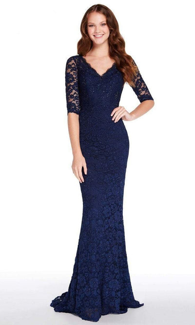 Alyce Paris - Half Sleeved V Neck Allover Lace Dress 27241SC In Blue