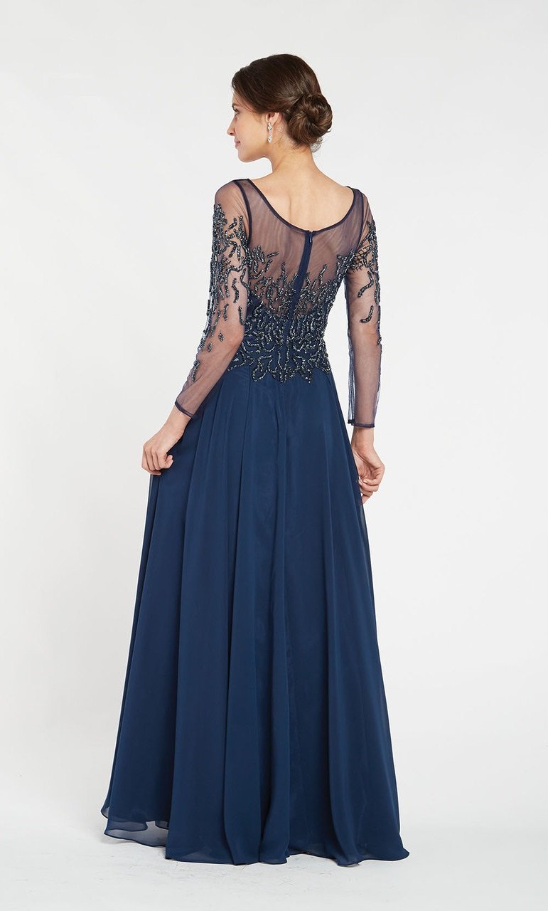 Alyce Pari - 27244 Beaded Illusion Neckline and Quarter Length Sleeve A-line Dress In Blue