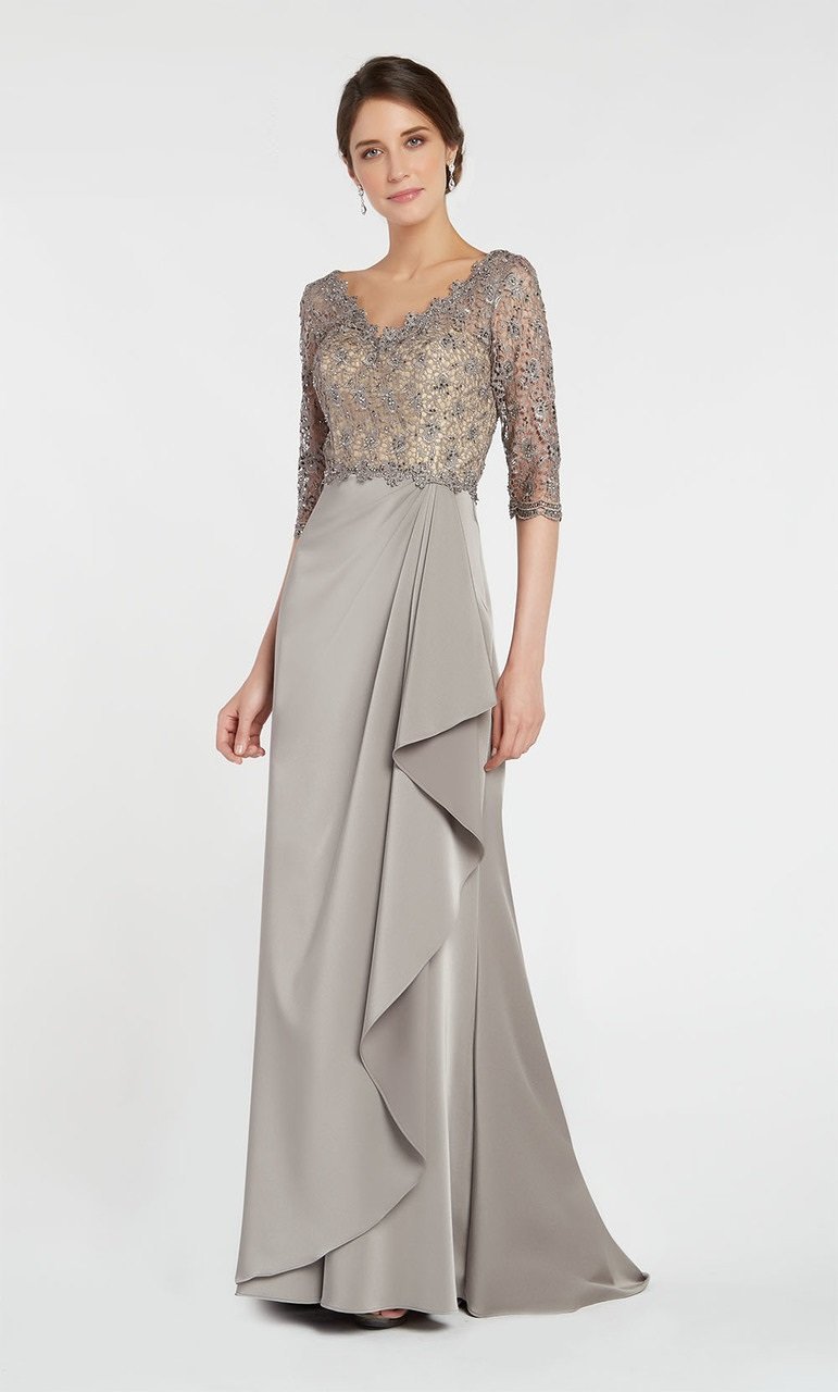 Alyce Paris - 27260 Beaded Lace V Neck Cascading Ruffle Stretch Crepe Gown In Neutral