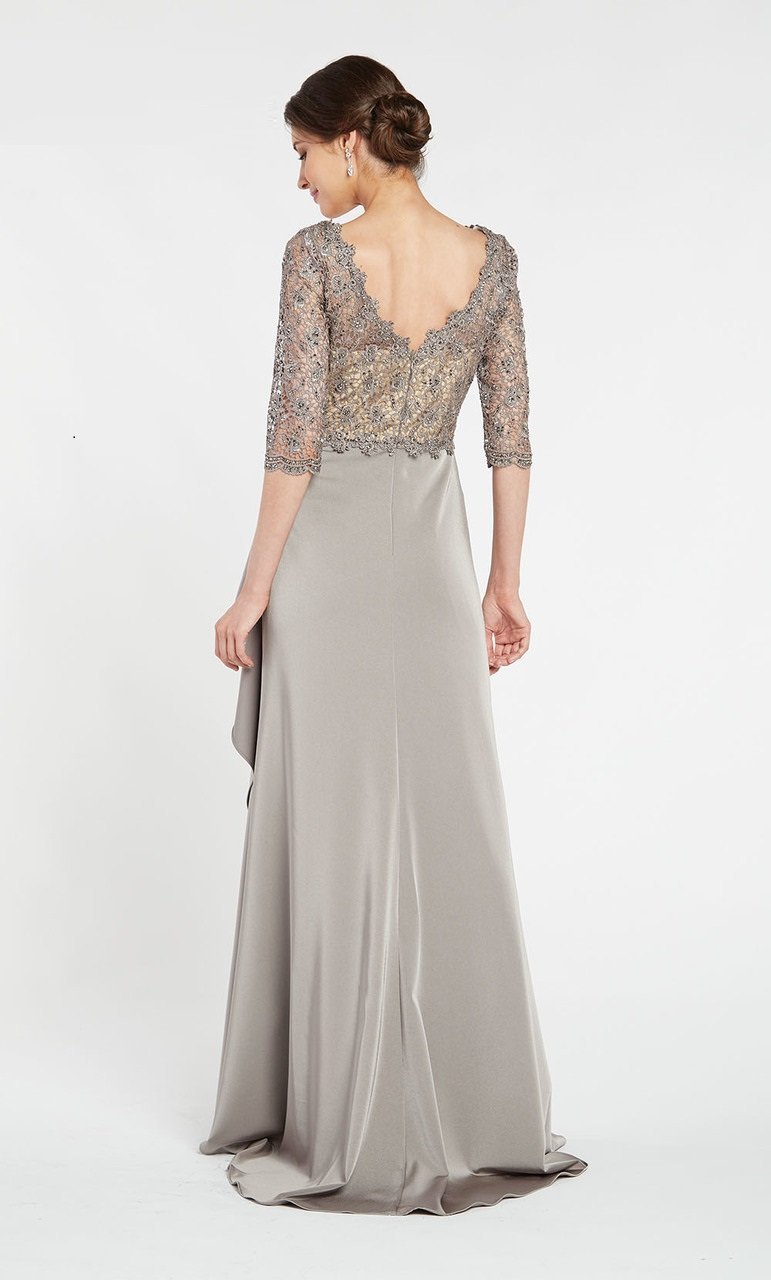 Alyce Paris - 27260 Beaded Lace V Neck Cascading Ruffle Stretch Crepe Gown In Neutral