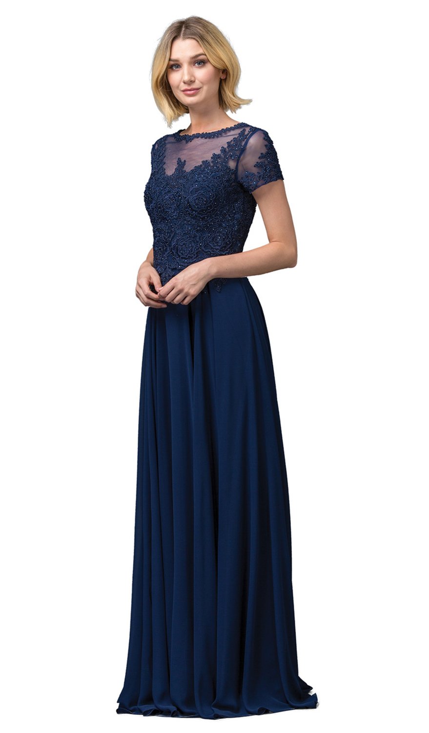 Dancing Queen - 2727 Embroidered Rosette Short Sleeve Long Dress In Blue