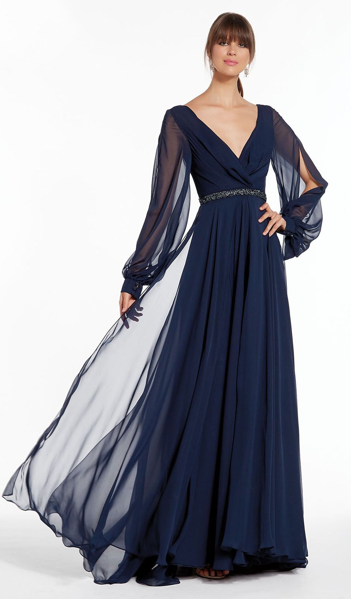 Alyce Paris - Sheer Long Sleeve V-Neck Chiffon Gown 27295 In Blue
