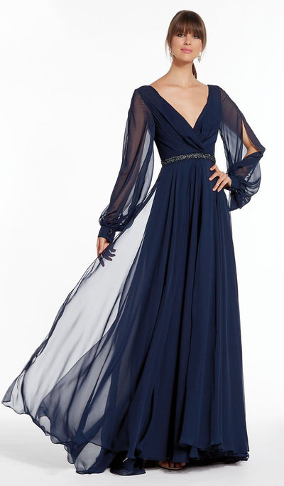 Alyce Paris - Sheer Long Sleeve V-Neck Chiffon Gown 27295 In Blue