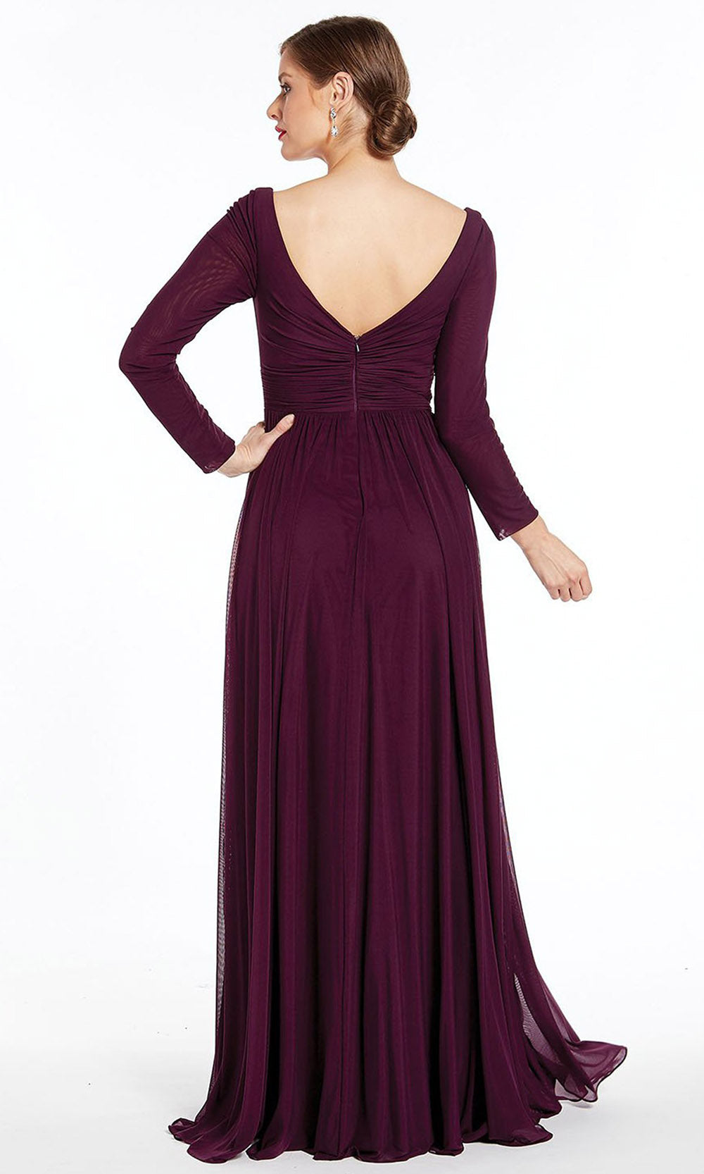Alyce Paris - 27304 Long Sleeves V Neck Jersey Dress with Slit - 1 pc Black in Size 16 Available CCSALE 8 / Eggplant