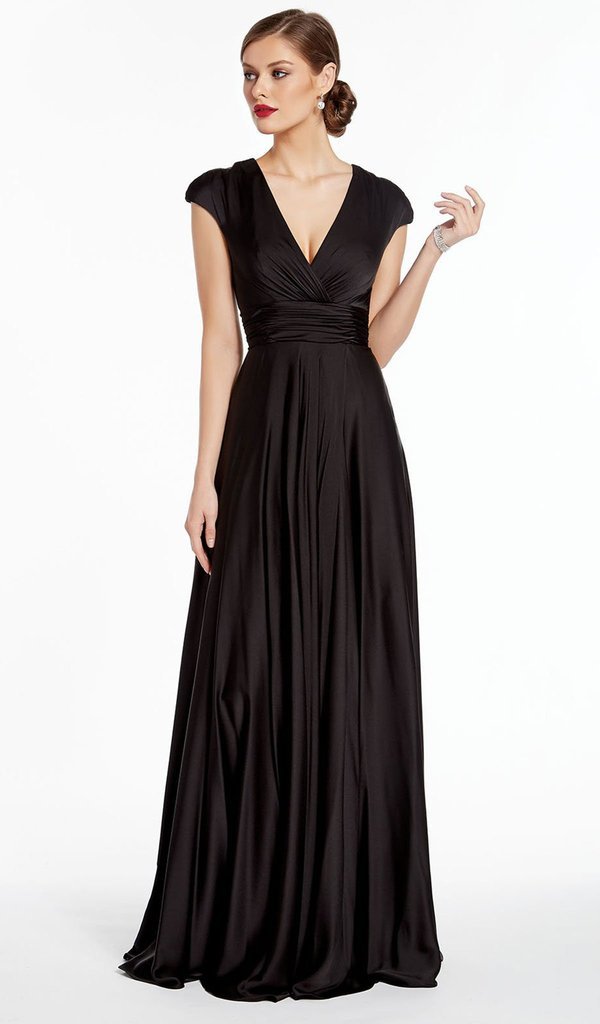 Alyce Paris - 27305 Satin Chiffon V Neck A-Line Dress In Black