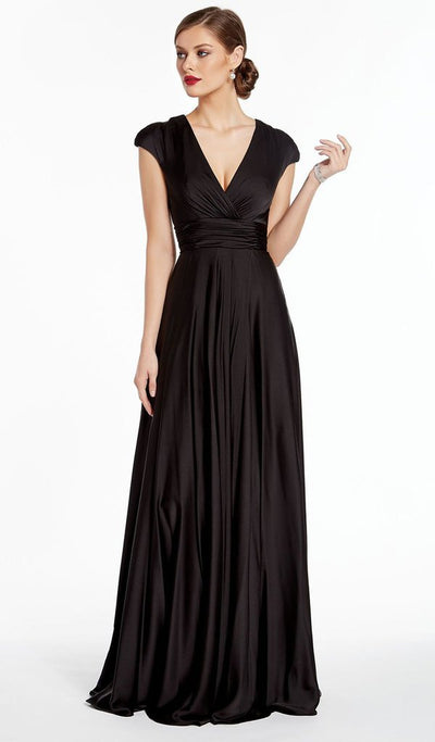 Alyce Paris - 27305 Satin Chiffon V Neck A-Line Dress In Black