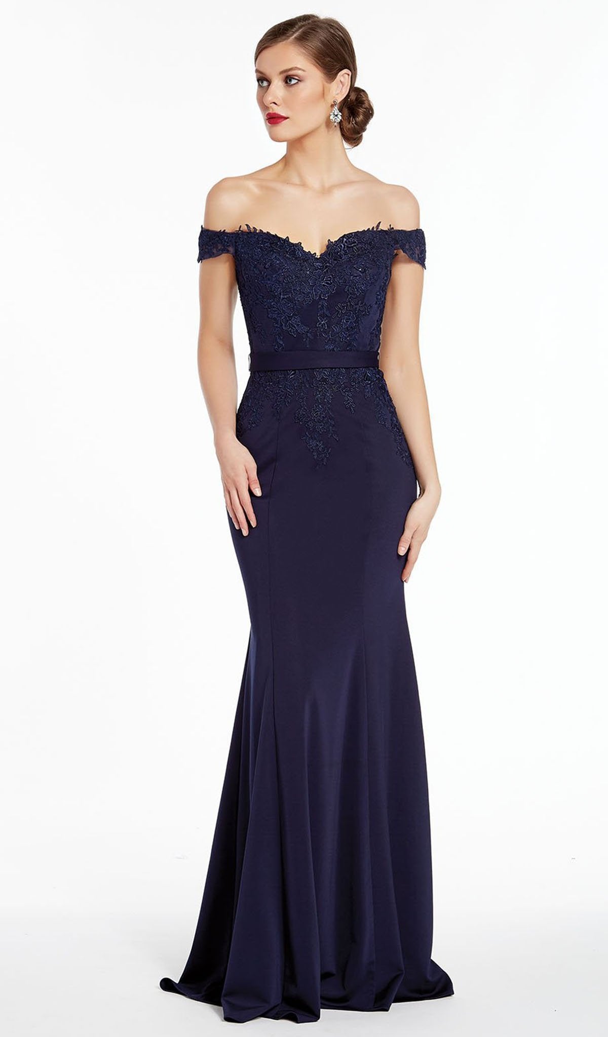 Alyce Paris - Off Shoulder Floral Embroidered Sheath Gown 27309 In Blue