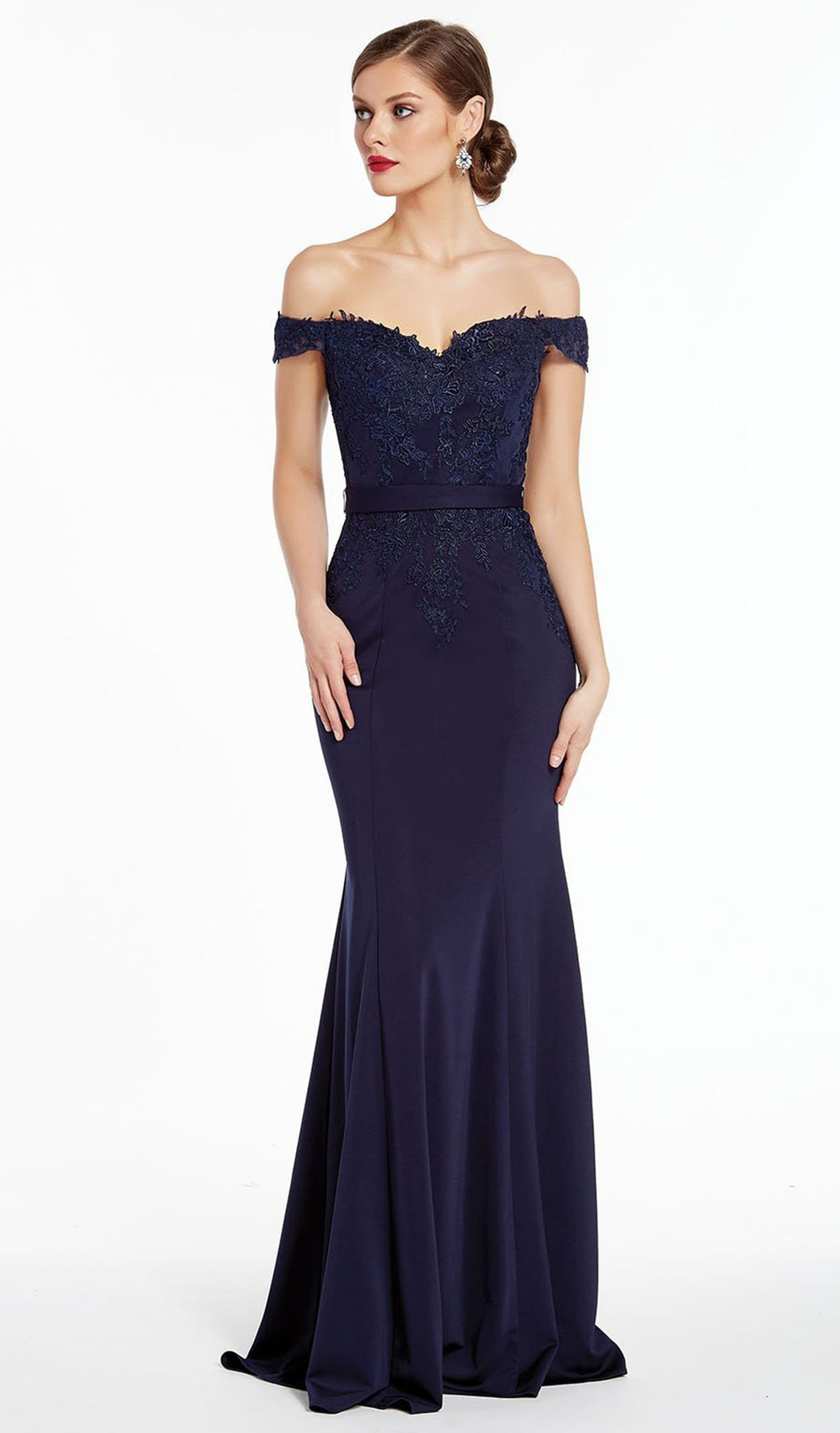 Alyce Paris - Off Shoulder Floral Embroidered Sheath Gown 27309 In Blue