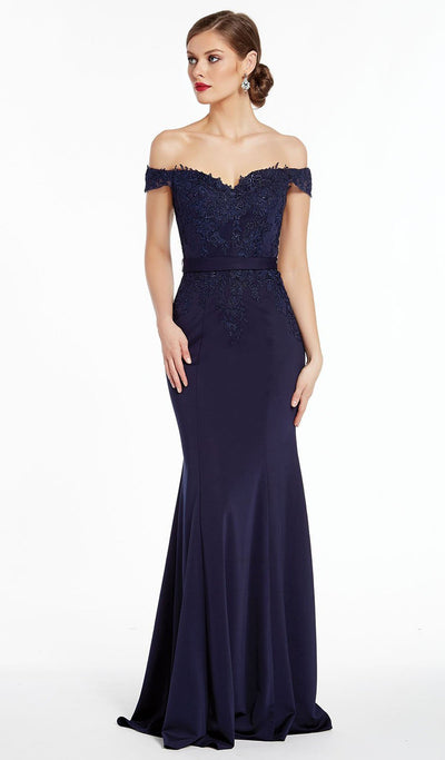 Alyce Paris - Off Shoulder Floral Embroidered Sheath Gown 27309 In Blue