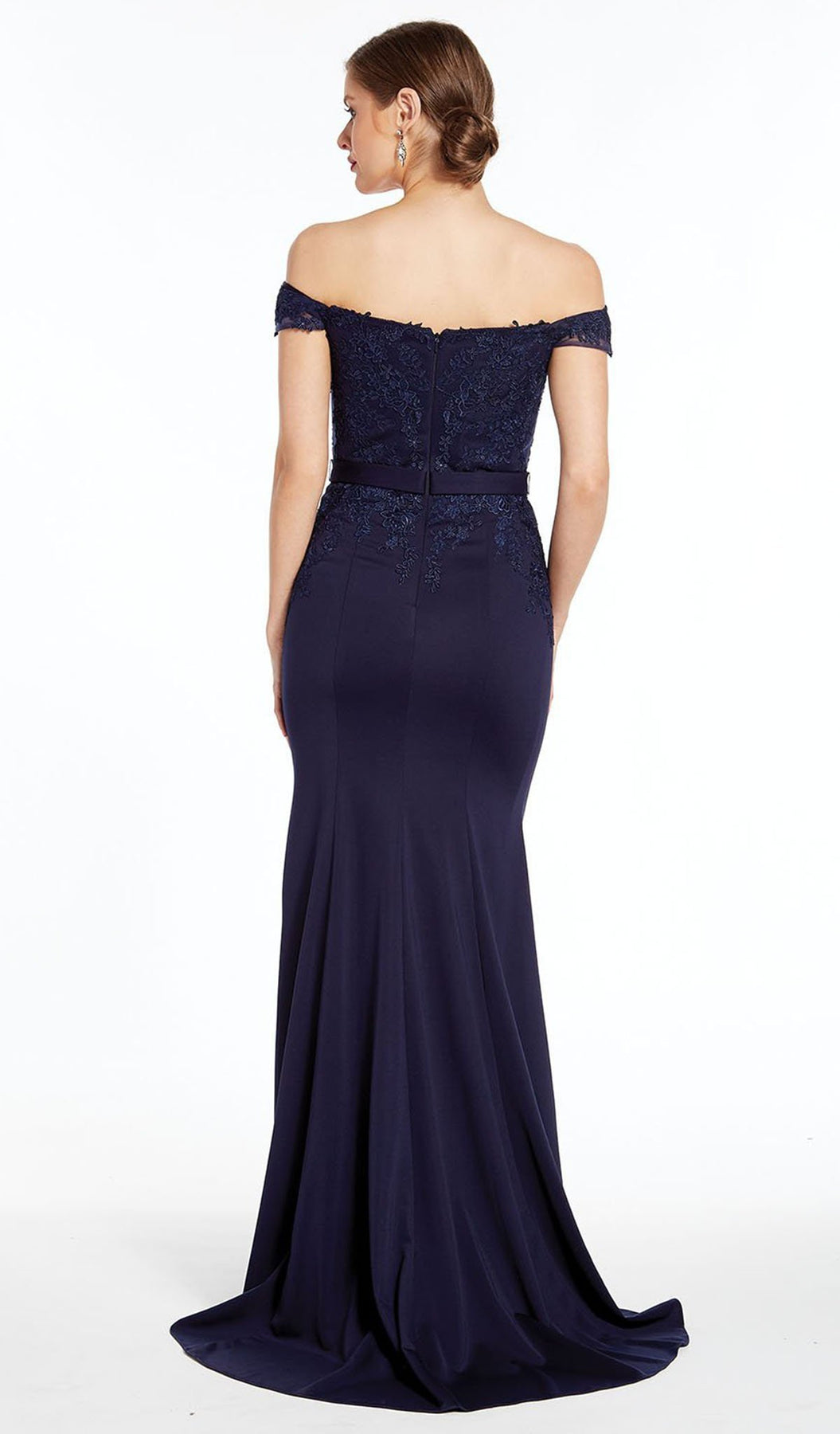 Alyce Paris - Off Shoulder Floral Embroidered Sheath Gown 27309 In Blue