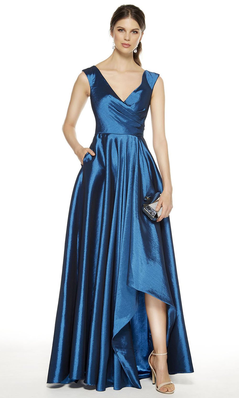 Alyce Paris - V-Neck High-Low A-line Taffeta Dress 27376SC In Blue