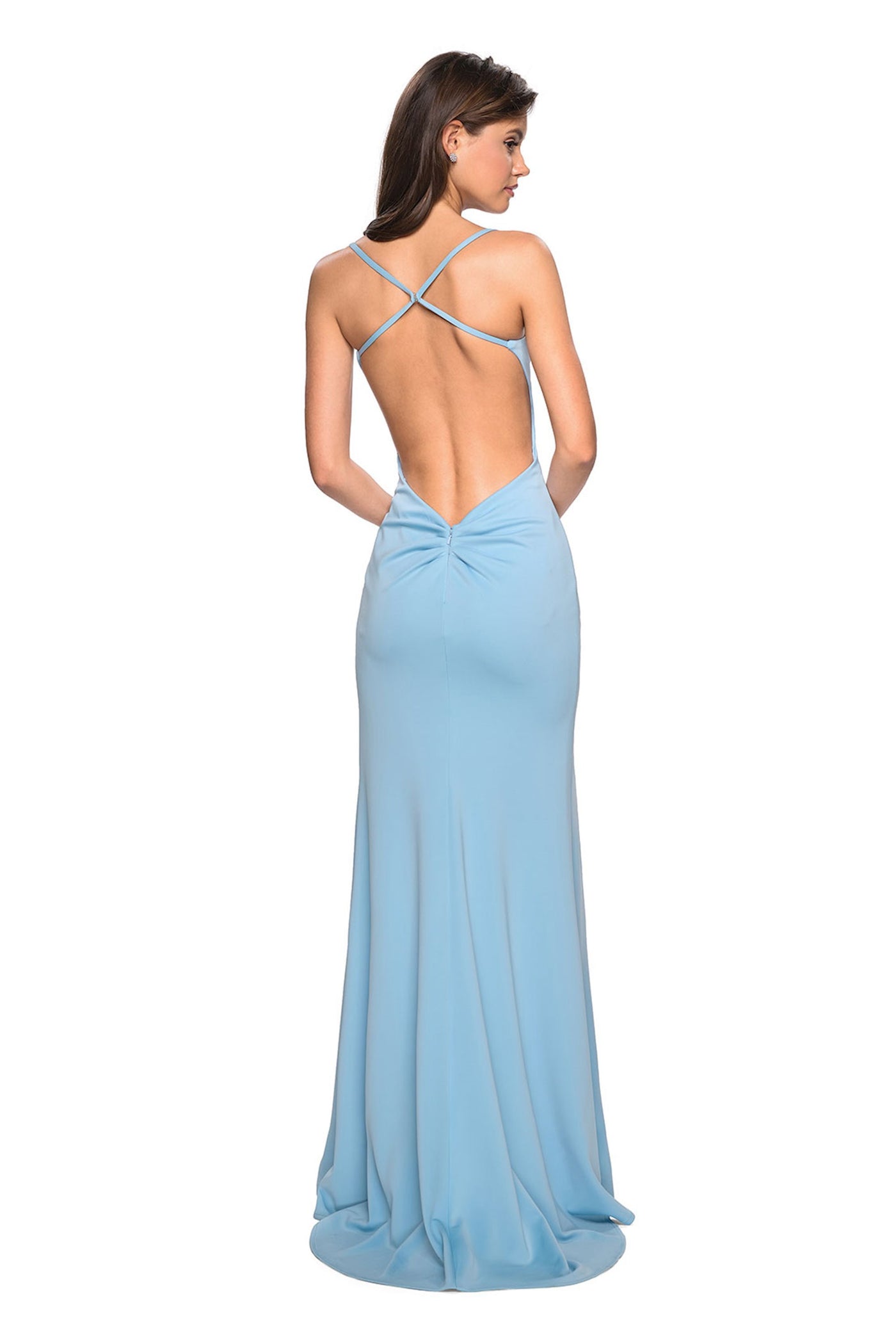 La Femme - Long Crisscross-Strapped High Slit Gown 27657  In Blue