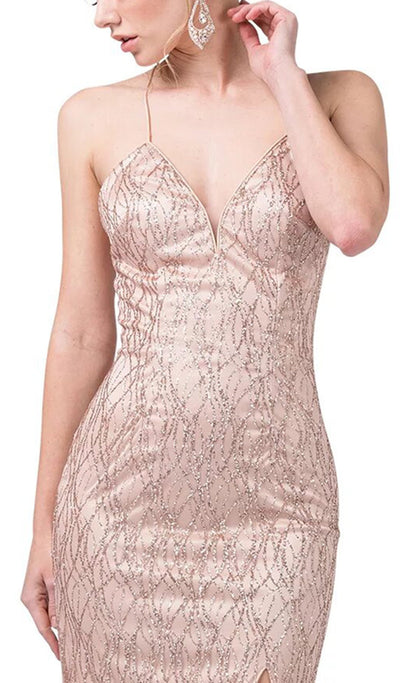 Dancing Queen - 2817 Embellished Plunging V-neck Sheath Dress In Pink and Gold