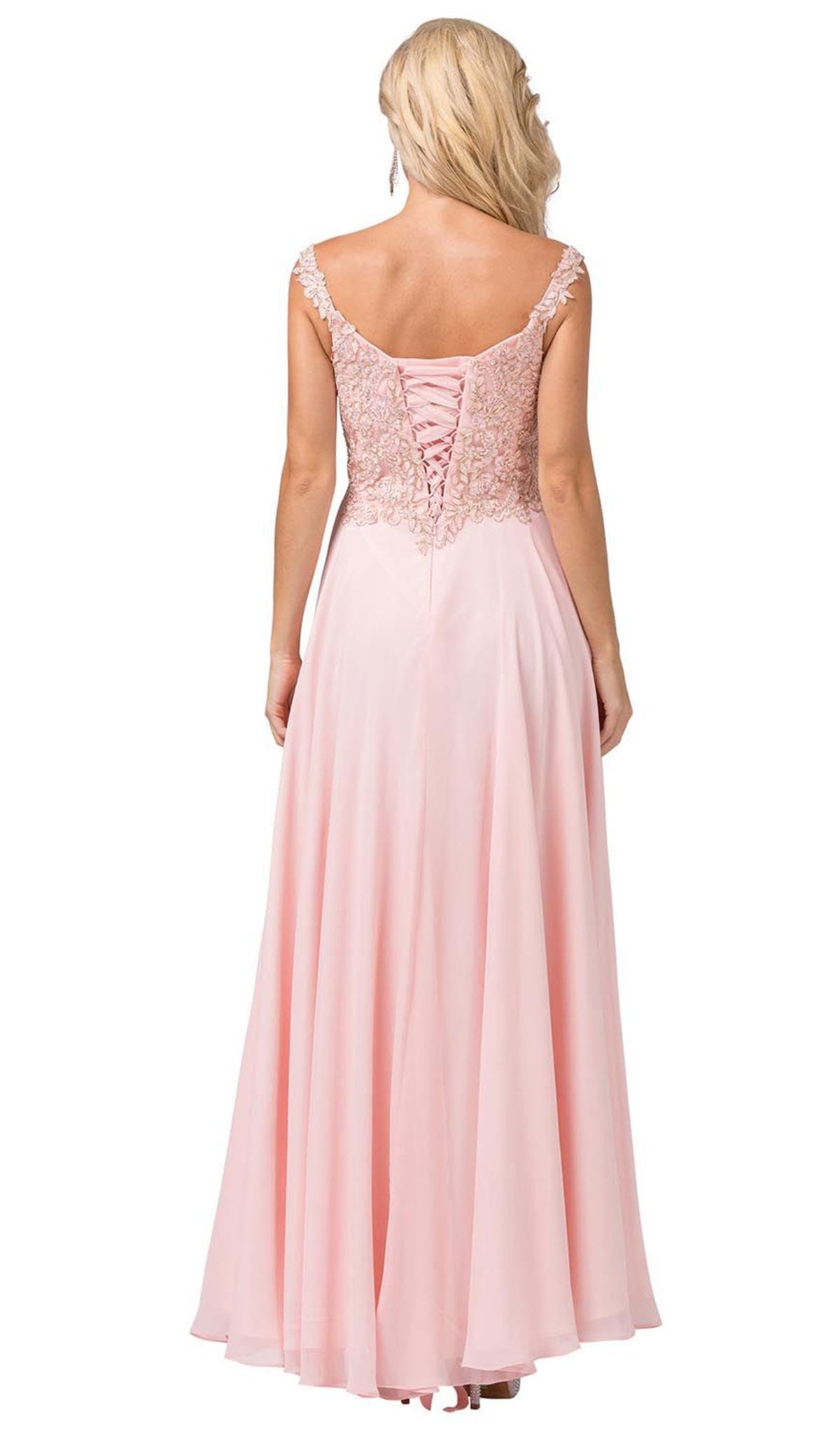 Dancing Queen - 2818 Beaded Lace Bodice Lace-Up Back Chiffon Gown In Pink