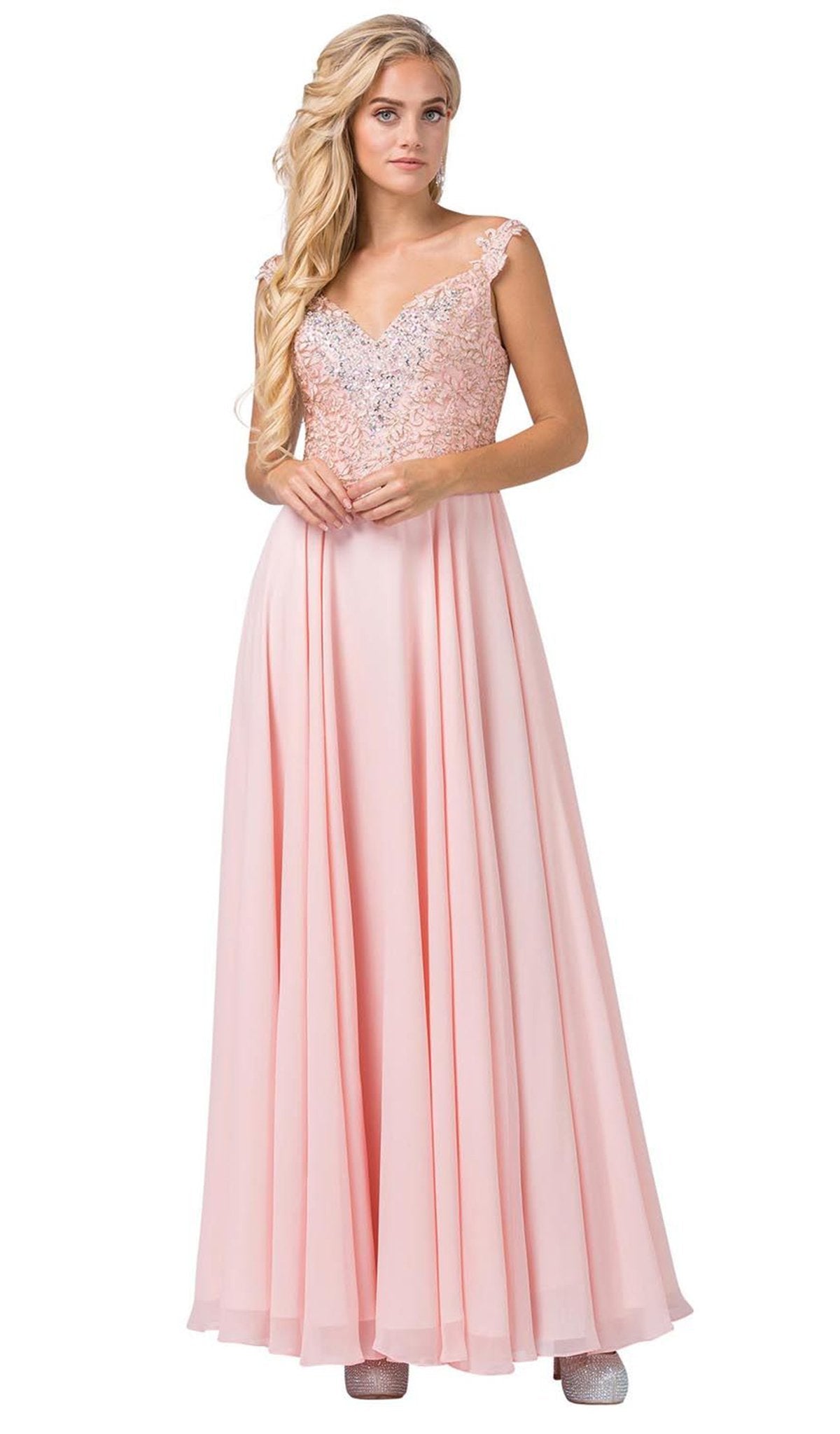 Dancing Queen - 2818 Beaded Lace Bodice Lace-Up Back Chiffon Gown In Pink