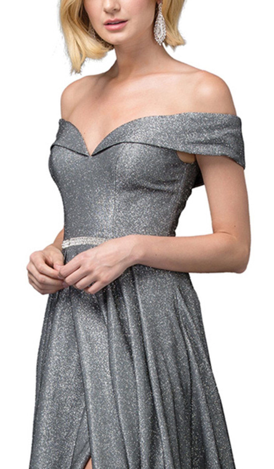 Dancing Queen - 2824 Iridescent Off Shoulder Gown with High Slit In Gray