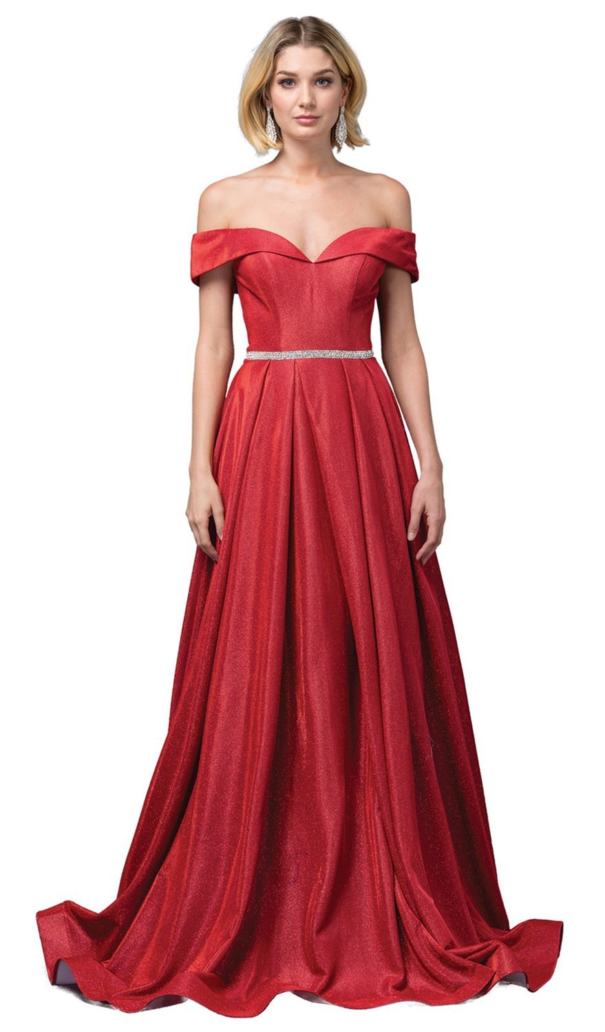 Dancing Queen - 2824 Iridescent Off Shoulder Gown with High Slit In Red