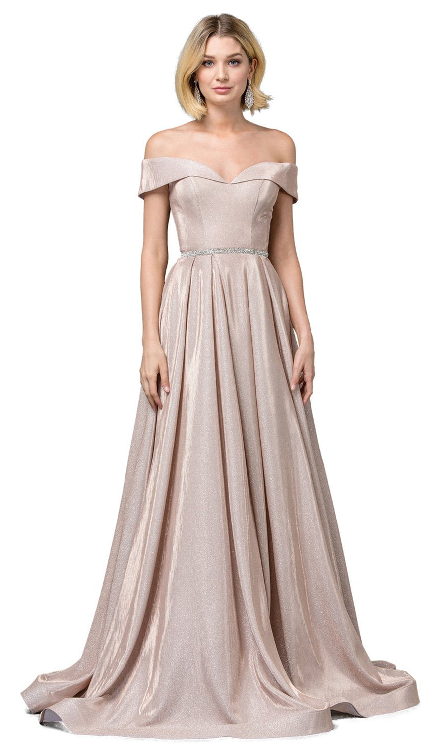 Dancing Queen - 2824 Iridescent Off Shoulder Gown with High Slit In Pink and Gold