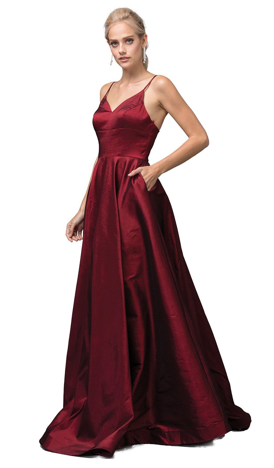 Dancing Queen - 2825 V-Neck Pleated A-Line Evening Gown In Red