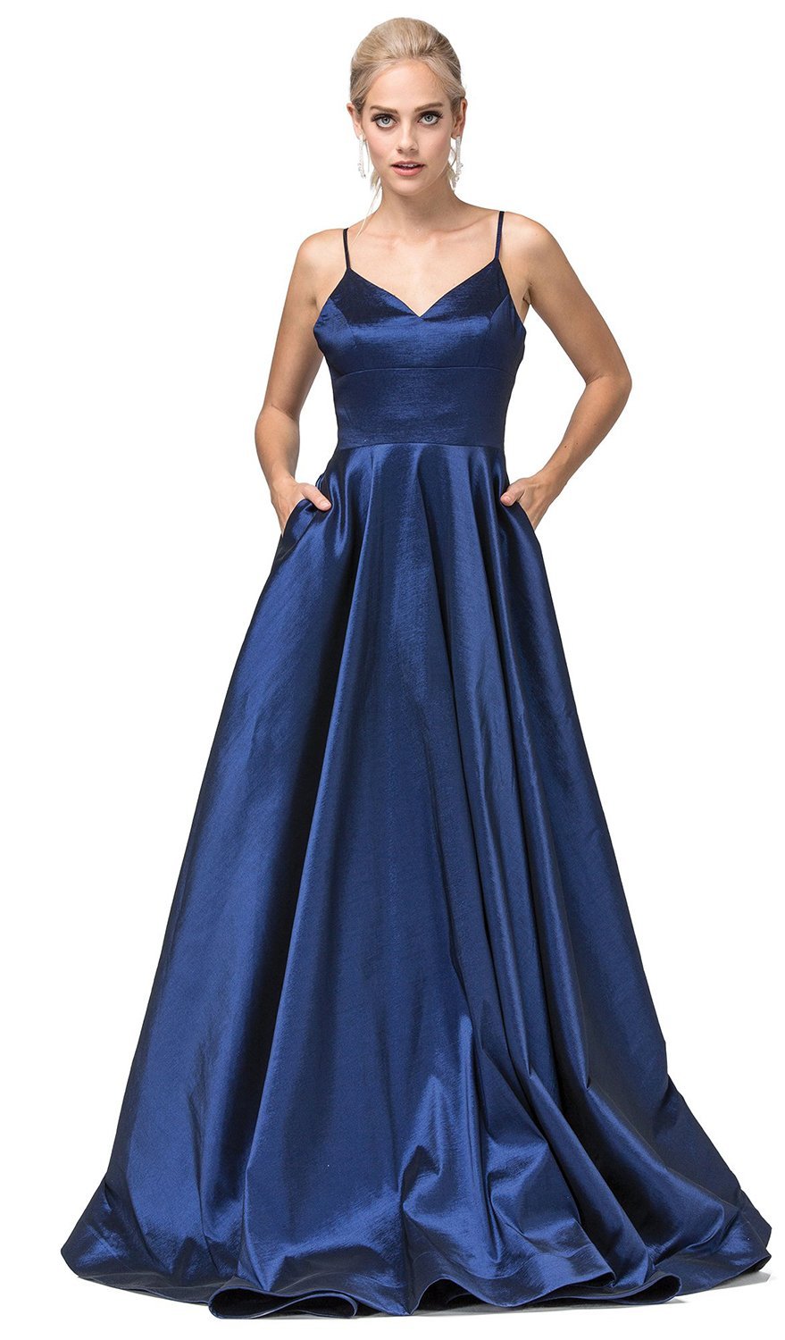 Dancing Queen - 2825 V-Neck Pleated A-Line Evening Gown In Blue