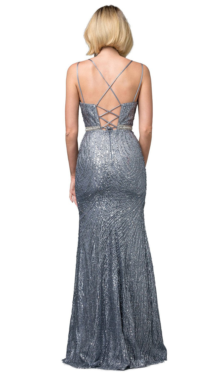 Dancing Queen - 2826 Glitter Plunging V Neck Gown with Slit In Blue