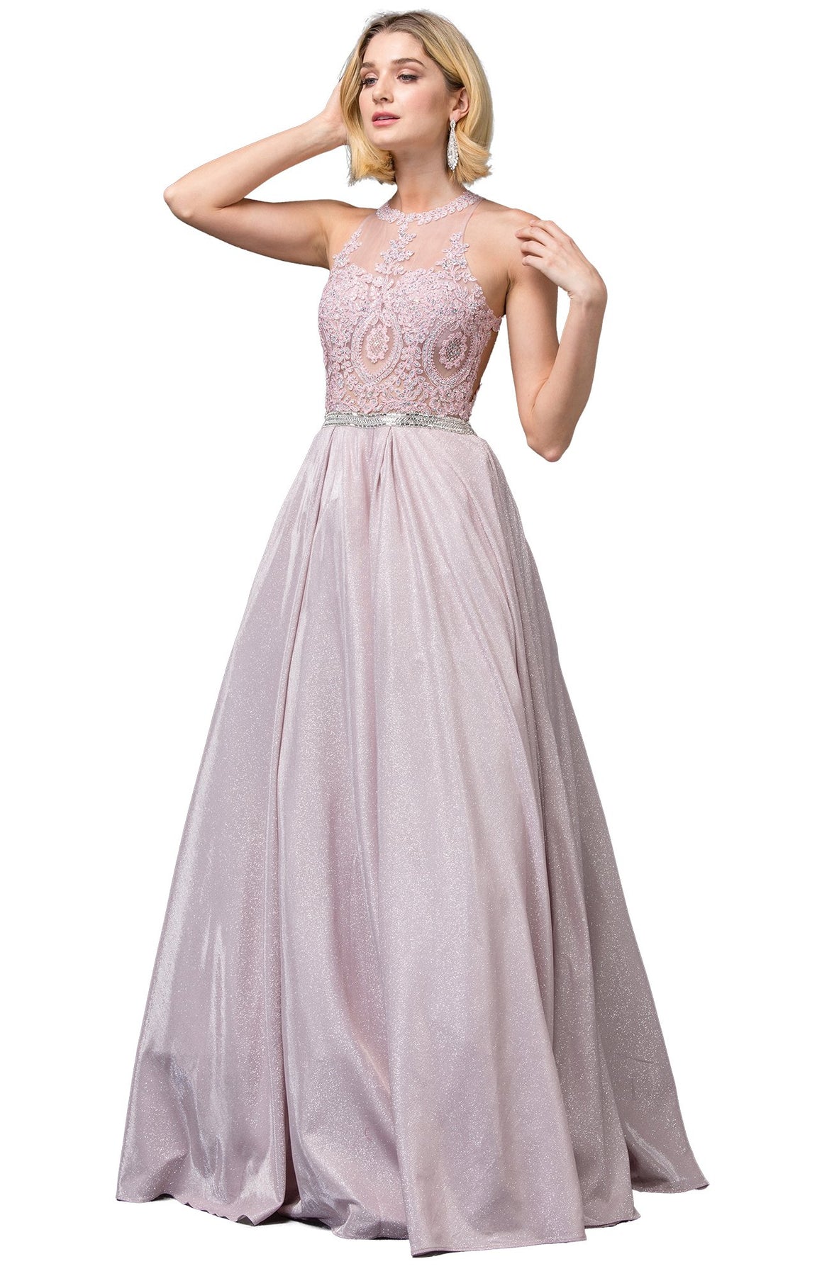 Dancing Queen - 2829 Appliqued Halter A-Line Long Dress