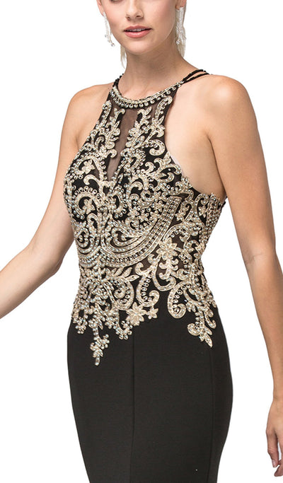 Dancing Queen - 2836 Appliqued Halter Gown with Slit In Black