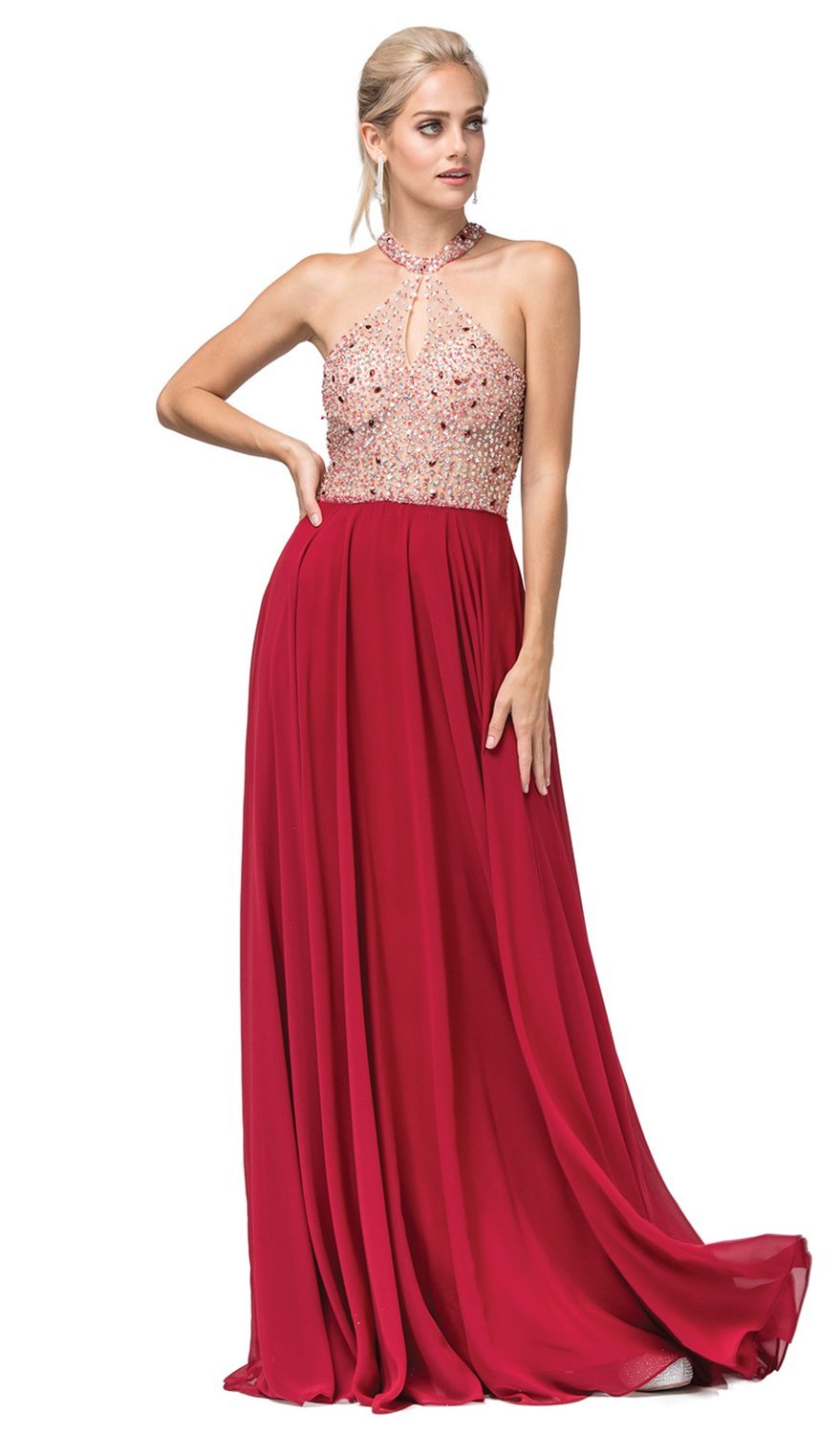 Dancing Queen - 2838 Beaded Keyhole Cutout Halter Long Dress In Red