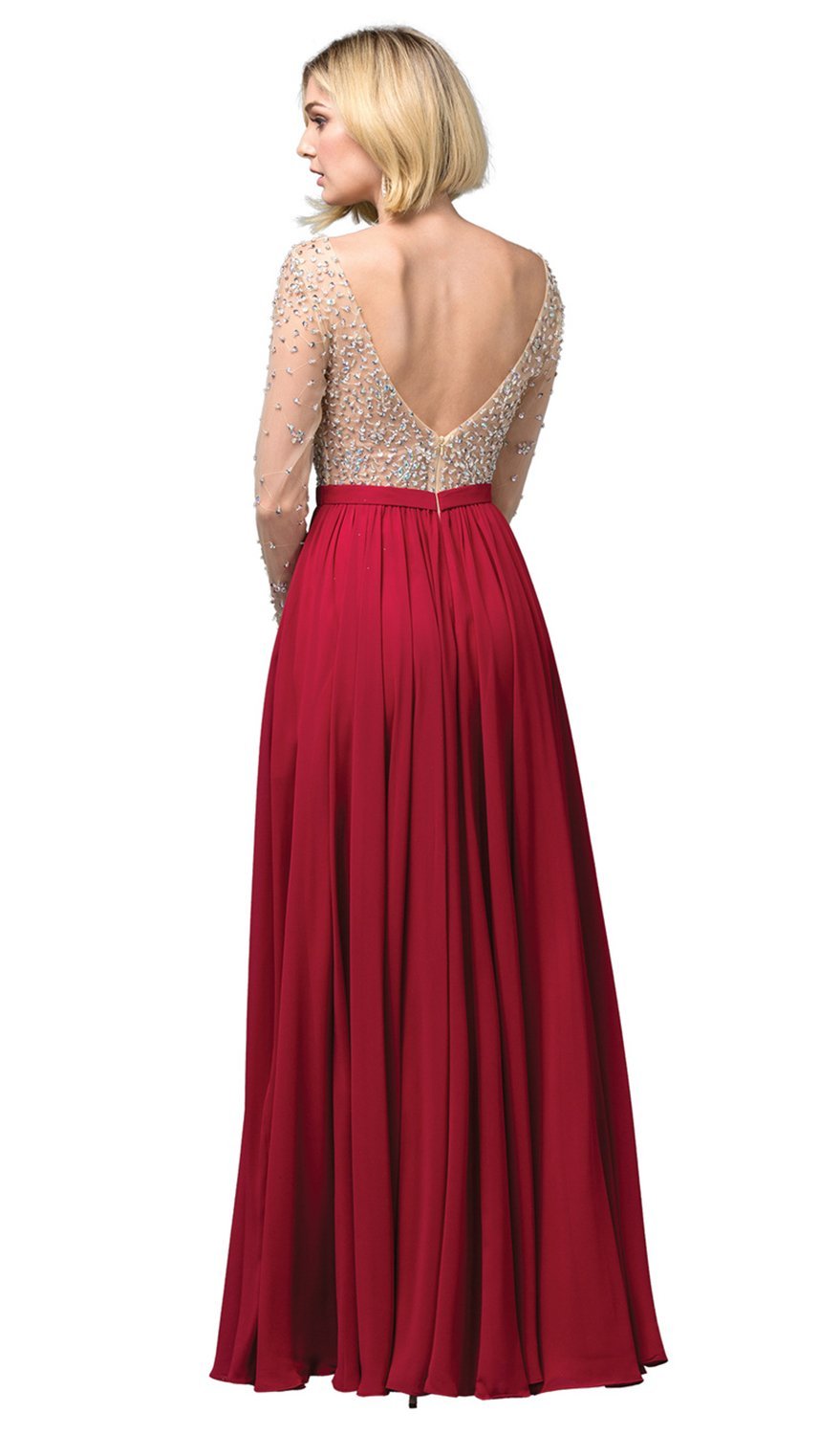 Dancing Queen - 2839 Long Sleeve Beaded Bodice A-Line Dress In Red