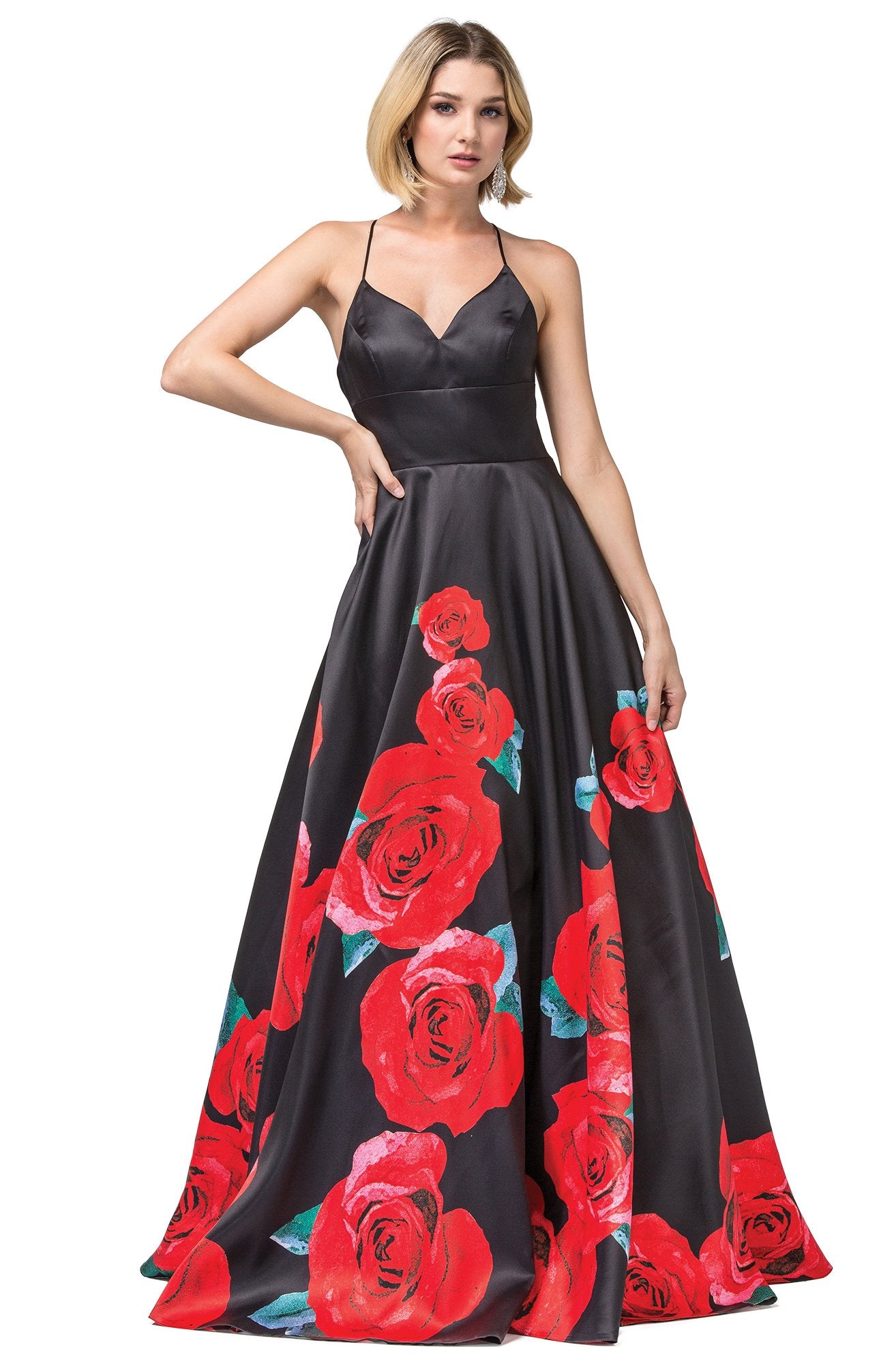 Dancing Queen - 2843 Floral V-Neck Pleated Ballgown In Black and Red