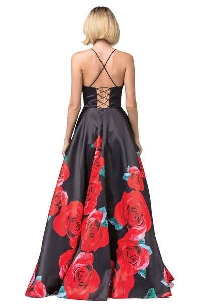 Dancing Queen - 2843 Floral V-Neck Pleated Ballgown In Black and Red