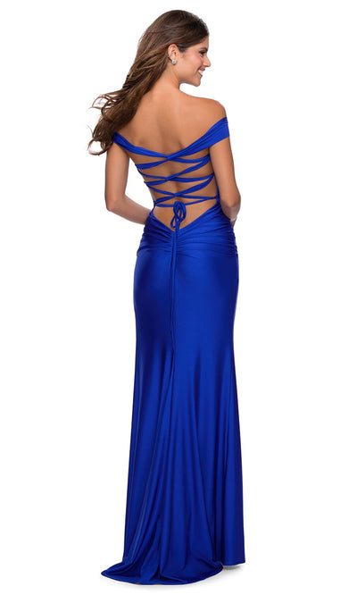 La Femme - Off Shoulder Tie Low-Cut Open Back Jersey Prom Dress 28506SC In Blue