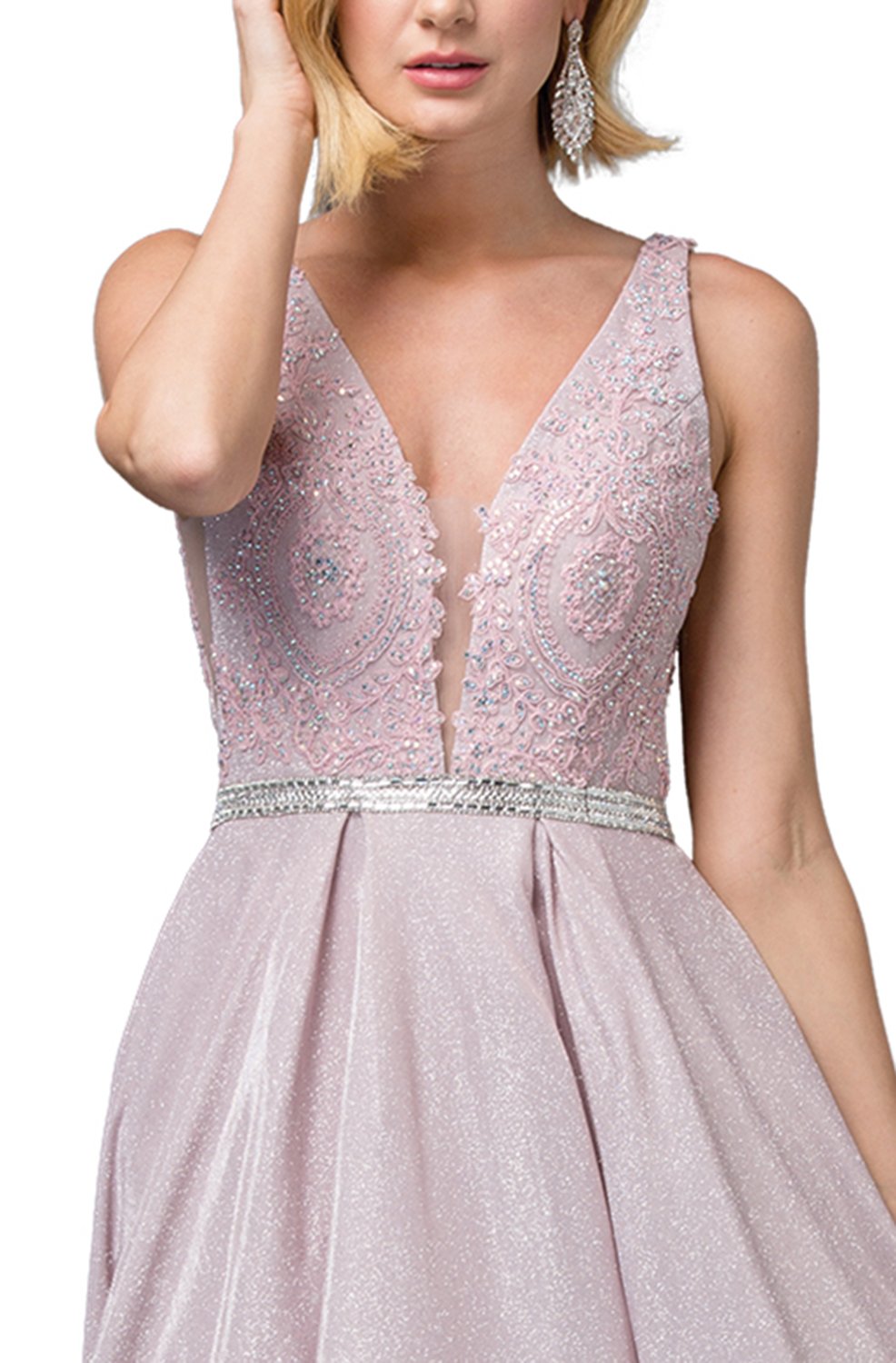 Dancing Queen - 2880 Plunging Back Jeweled Lace A-Line Dress