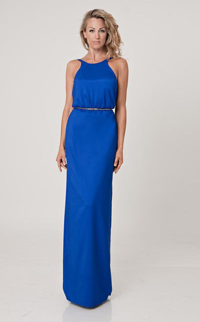 JS Collection - 862675 Sleeveless Sleek Satin Belted Dress in Blue