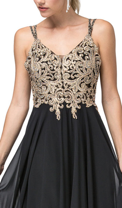 Dancing Queen - 2890 Embroidered Plunging V-neck A-line Dress in Black and Gold