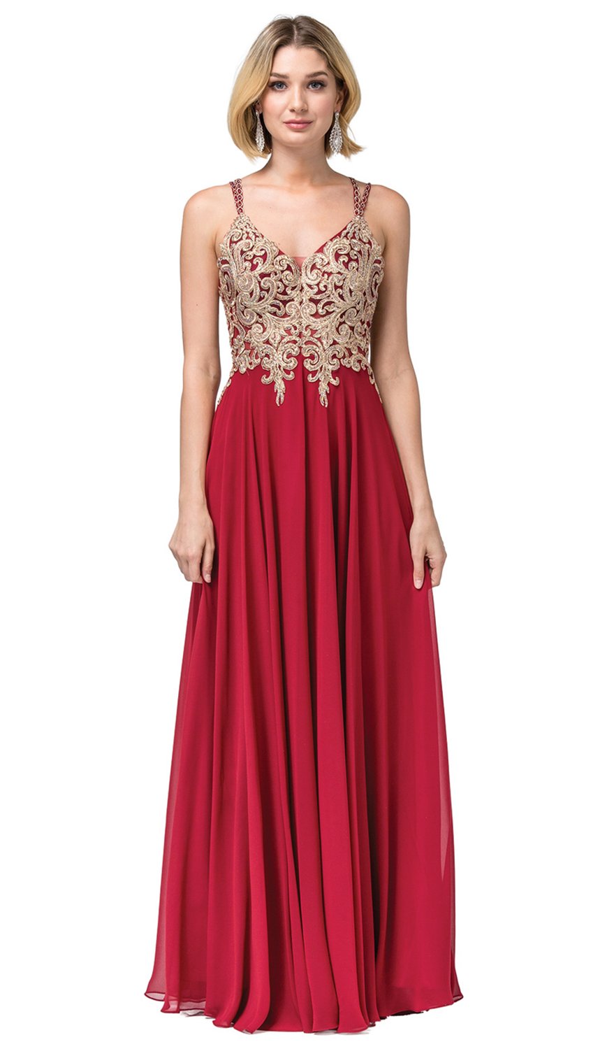 Dancing Queen - 2890 Embroidered Plunging V-neck A-line Dress in Red and Gold
