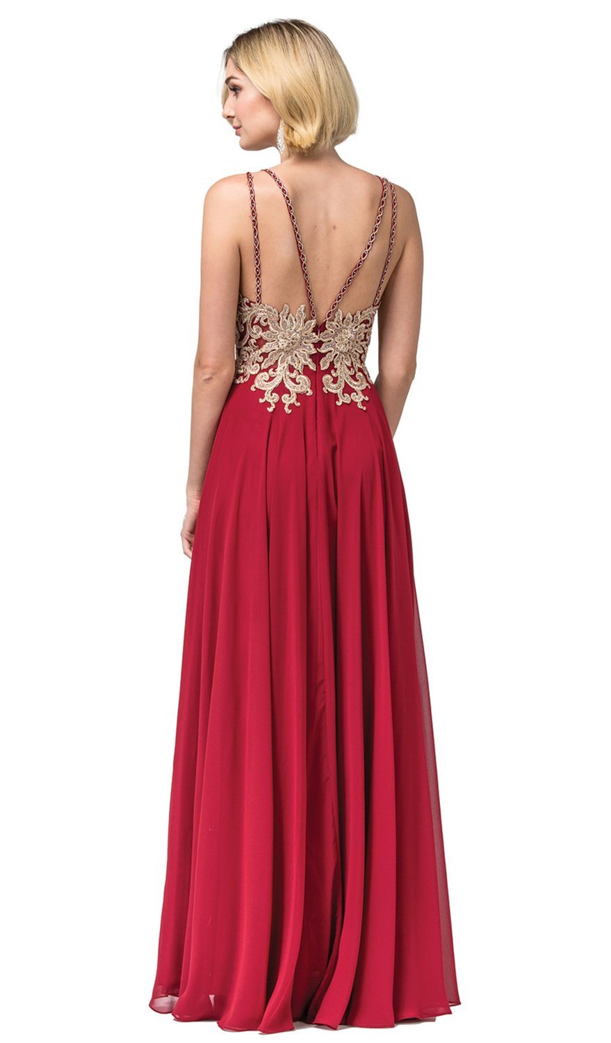 Dancing Queen - 2890 Embroidered Plunging V-neck A-line Dress in Red and Gold
