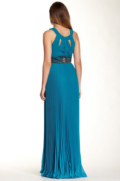 Sue Wong - N4312 Pleated Embroidered Empire Waist Sheath Gown in Blue and Green