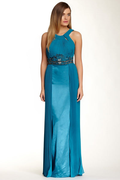 Sue Wong - N4312 Pleated Embroidered Empire Waist Sheath Gown in Blue and Green