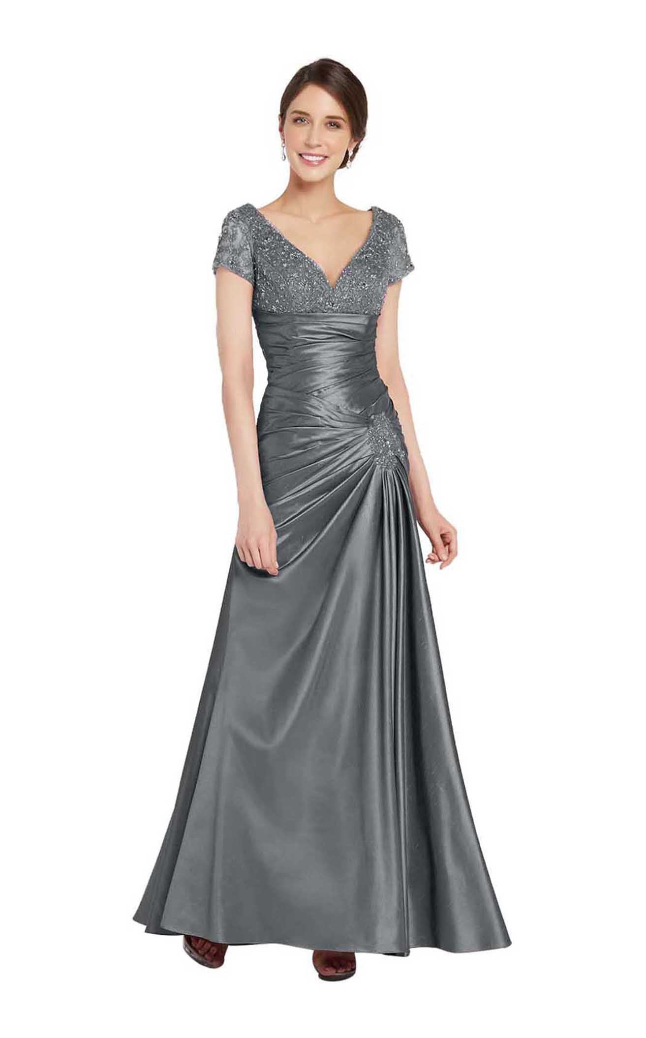 Alyce Paris 29357 Cap Sleeve Lace Ornate Empire Trumpet Gown - 2 pcs Pewter In Size 16 and 24 Available