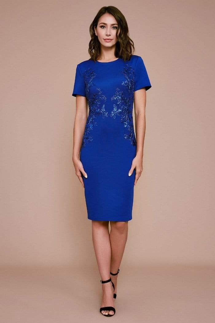 Tadashi Shoji - Short Sleeve Embroidered Knee Length Sheath Dress Cocktail Dresses 00 / Royal Blue