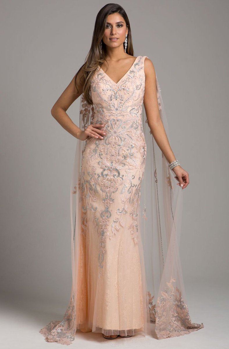 Lara Dresses - Embellished V-neck Sheath Dress With Cape 29969 - 1 pc Blush In Size 14 Available In Pink