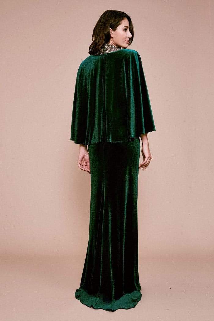 Tadashi Shoji - Beaded Illusion Plunging V Neck Capelet Gown In Green