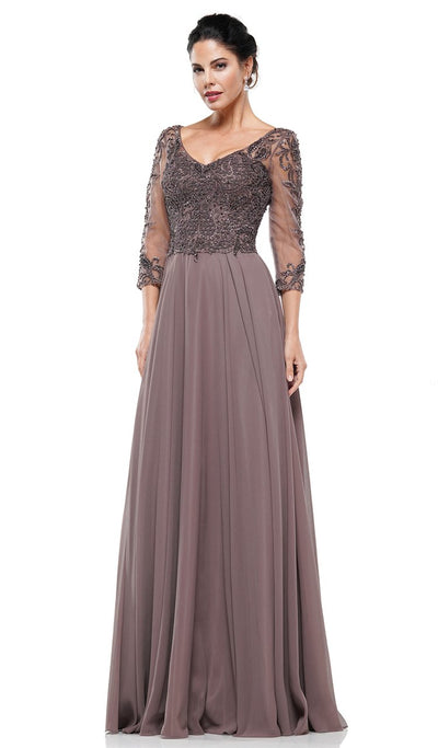 Marsoni by Colors - M228 Beaded Applique Embellished Quarter Length Sleeves Long Dress In Gray