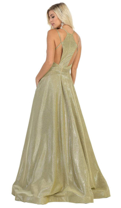 May Queen - RQ7751 V-neck A-line Gown with Cutouts In Gold