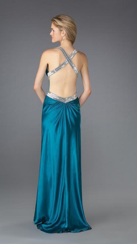 La Femme - Sexy Beaded V-Neck Long Sheath Dress 13277 in Green