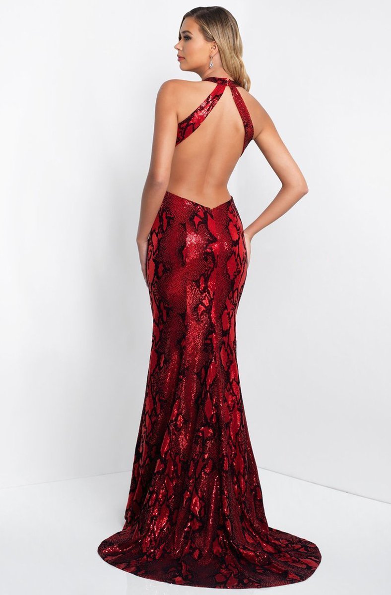 Blush - C1021 Snake Print Sequined Halter Sheath Dress In Red