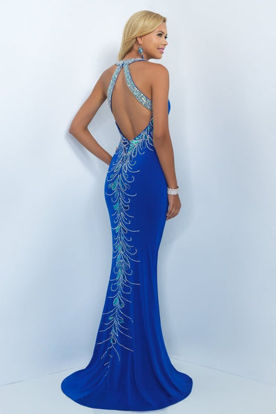 Blush - Bejeweled Halter Cutout Sheath Gown 11031 in Blue